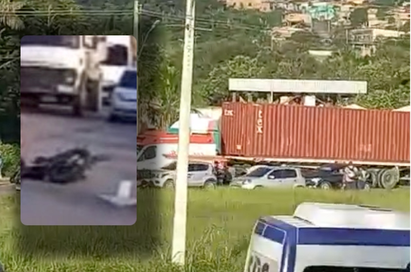 Casal vai parar debaixo de carreta após acidente na avenida das Flores; veja vídeo