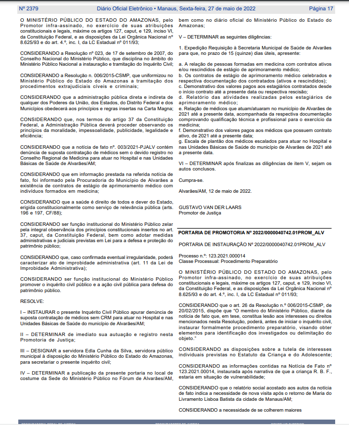 sem registro no Conselho Regional de Medicina (CRM) para atuar no hospital e nas Unidades Básicas de Saúde (UBS) do município de Alvarães