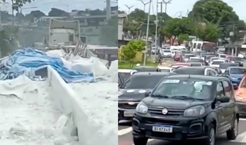Sacos de cal despencam de caminhão e deixam trânsito infernal em Manaus; veja vídeos