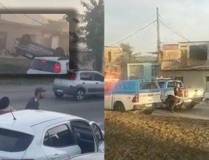 Traficantes capotam carro e são "peneirados" durante perseguição policial; veja vídeo