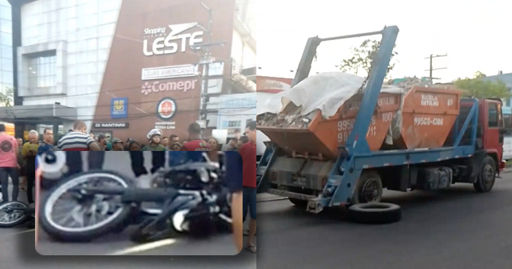 “Susto Fatal”: Motoqueiro sofre acidente em frente ao Shopping Leste após pneu de caminhão estourar; veja vídeo