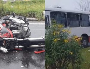 Acidente gravíssimo: motoqueiro bate de frente contra ônibus na Torquato Tapajós; veja vídeo