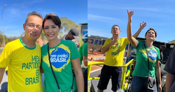 Primeira-Dama Michelle Bolsonaro participa de Marcha para Jesus com o irmão em Brasília