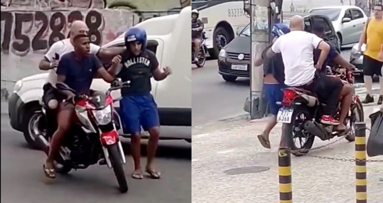 Bandidos tentam assaltar PM e policial leva os dois presos: um a pé e o outro pilotando a moto; veja vídeo