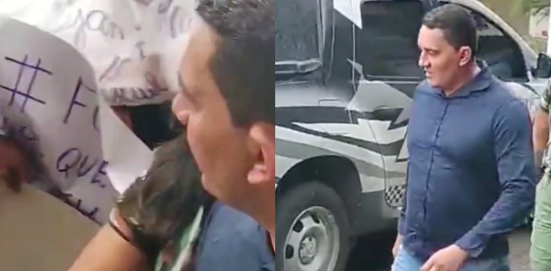 Após ter ‘socado’ presidente da Aleam, Prefeito de Borba é recebido com protesto na delegacia; veja vídeo
