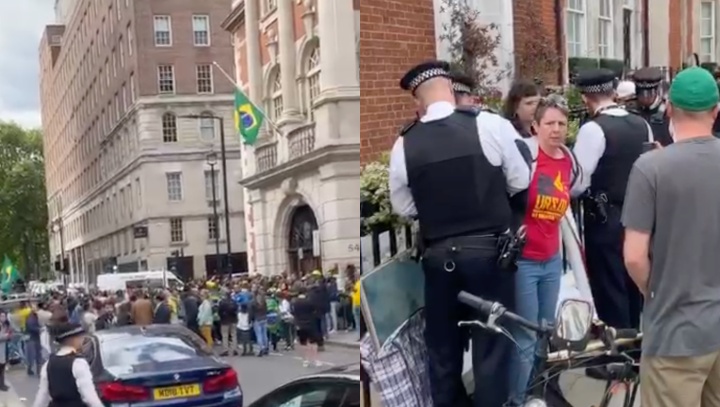 Comunista é presa por fazer baderna em manifestação a favor do presidente Bolsonaro em Londres; veja vídeo