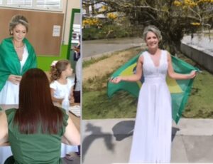 Antes de casar, mulher vota vestida de noiva com a bandeira do Brasil