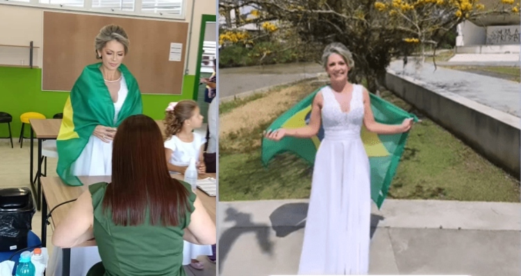 Antes de casar, mulher vota vestida de noiva com a bandeira do Brasil