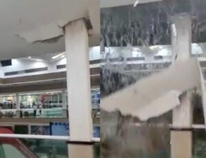 Teto de shopping desaba durante temporal forte temporal; veja vídeo