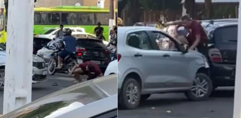 Durante briga de trânsito, PM é atropelado e tem perna quebrada; veja vídeos