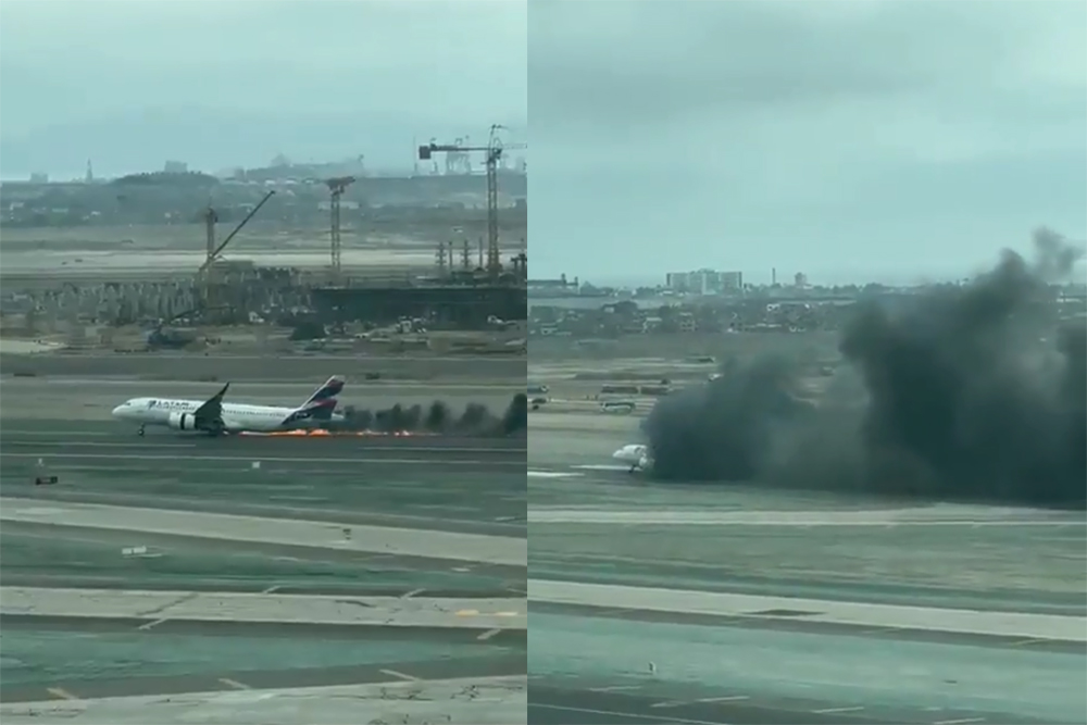 Avião da Latam pega fogo após bater em caminhão de bombeiros no aeroporto; veja vídeos