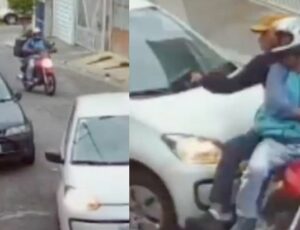 Motorista joga carro em cima da moto de assaltantes; veja vídeo