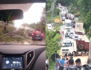 Deslizamento e queda de árvores bloqueiam a BR-174 após forte temporal; veja vídeos