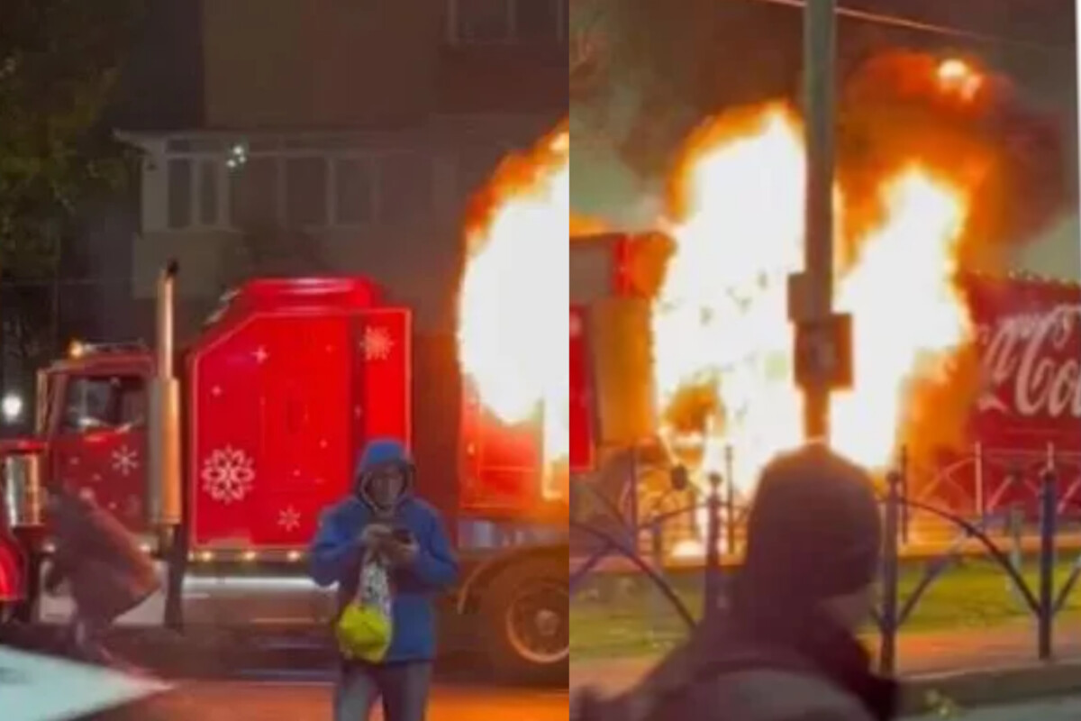 Caminhão de natal da Coca-Cola pega fogo durante carreata; veja vídeo