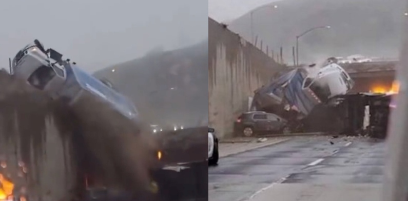 Chocante: caminhão despenca de viaduto e cai sobre veículos em rodovia; veja vídeo