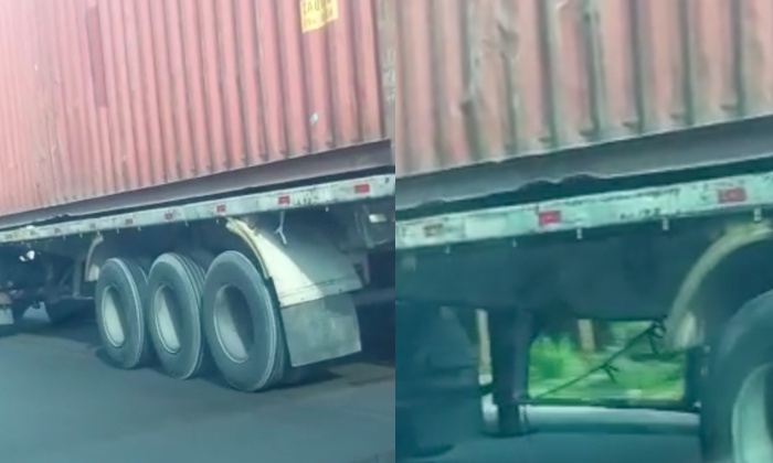 Grave: caminhão é flagrado rodando Manaus com contêiner solto e ameaçando cair; veja vídeo