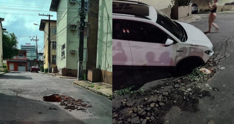 Carro cai em cratera aberta pela chuva no Conjunto Eldorado; veja vídeo