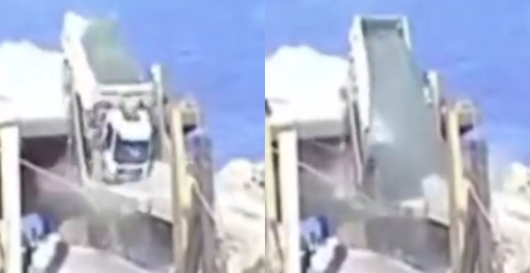 Caçamba cai em rio ao tentar descer de balsa; veja vídeo