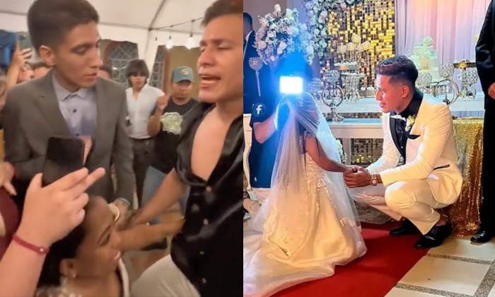 Convidado não resiste e dá beijão em noivo no meio do casamento dele com a esposa assistindo; veja vídeo