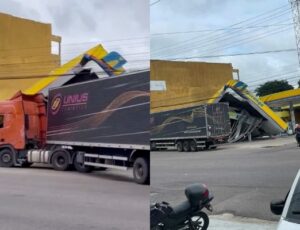 Urgente: caminhão desgovernado destrói fachada do posto Ipiranga em Manaus ; veja vídeo