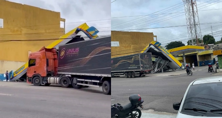 Urgente: caminhão desgovernado destrói fachada do posto Ipiranga em Manaus ; veja vídeo
