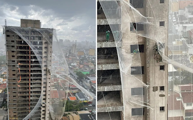 Forte temporal arrasta andaime e deixa trabalhadores presos no alto; vídeo impressionante