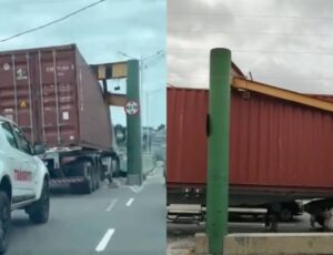 Caos no trânsito: carreta destrói limitador de altura no Viaduto do São Jorge; veja vídeo