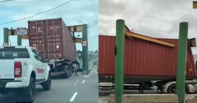 Caos no trânsito: carreta destrói limitador de altura no Viaduto do São Jorge; veja vídeo