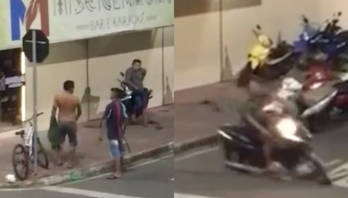 Pancadaria entre marmanjos termina com motoqueiro ralando a cara no asfalto, em Parintins; veja vídeo