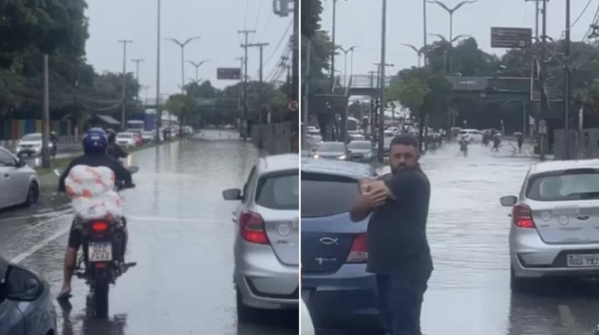 Forte chuva atrapalha trânsito na avenida André Araújo, em Manaus