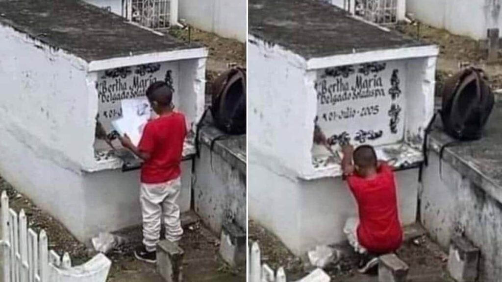 Menino visita túmulo da mãe para mostrar suas notas da escola e comove a internet; veja