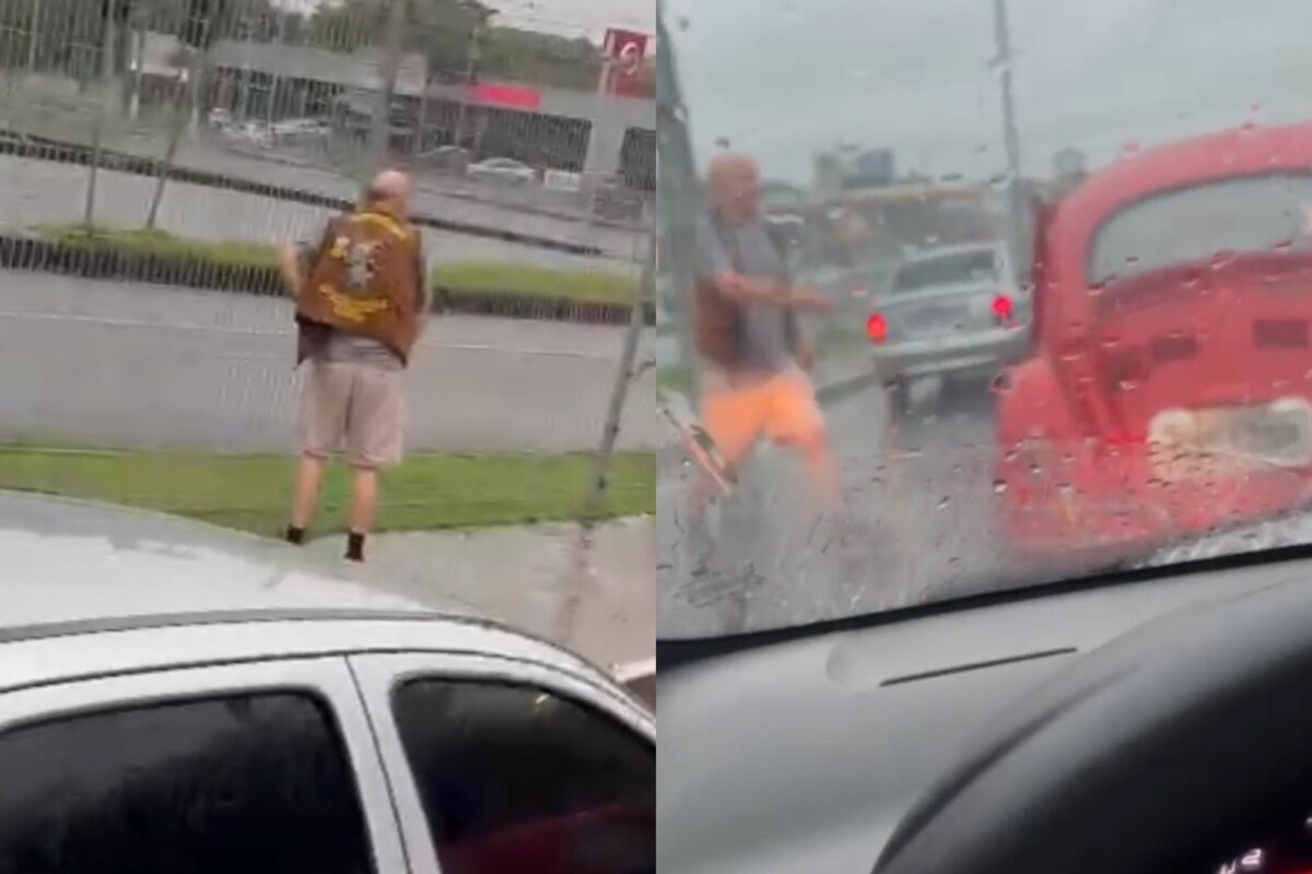 Homem ignora a presença de crianças e para o carro no meio da Av. Pedro Teixeira para ir urinar; veja vídeo