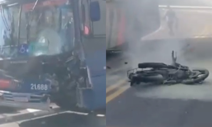 Vídeo chocante mostra c0rpo de motoqueiro em ch4mas após acidente com ônibus; veja