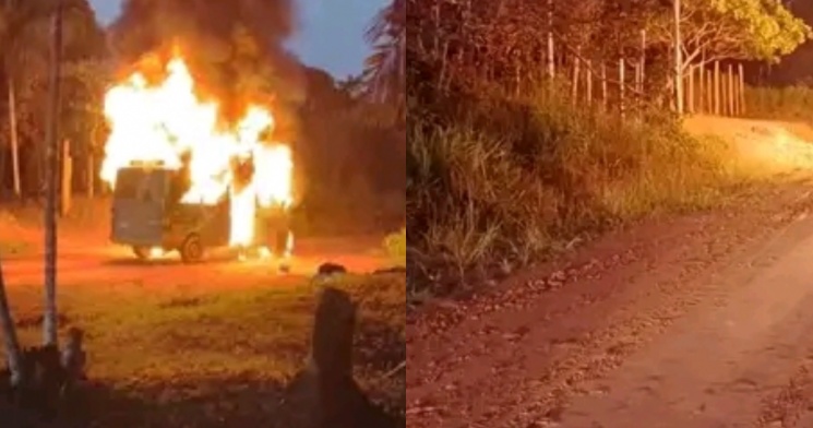 Van escolar pega fogo em comunidade rural de Careiro Castanho; veja