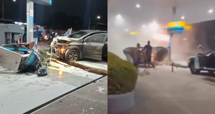 Durante perseguição policial, assaltantes sofrem acidente e explodem bomba de gasolina em Manaus; veja vídeo