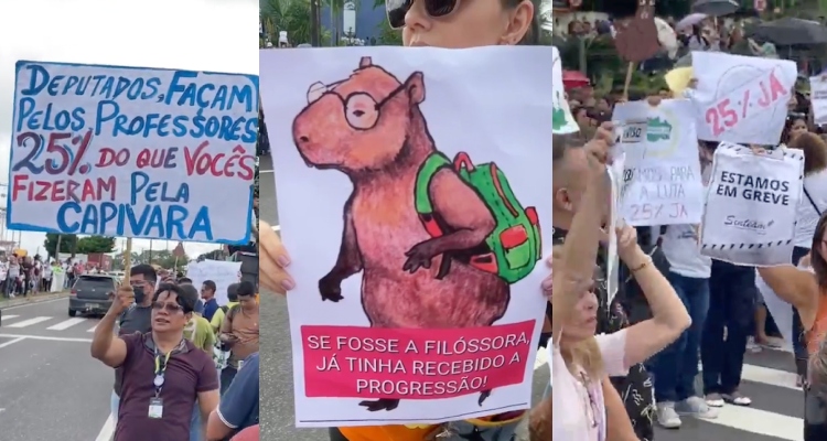 Professores iniciam greve e protestam por reajuste salarial de 25% em frente da Aleam; veja