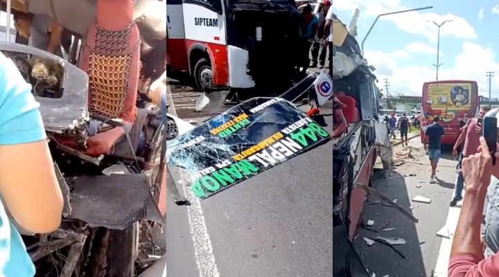 URGENTE: acidente entre ônibus e microônibus deixa passageiros feridos e presos às ferragens na Torquato; veja vídeo