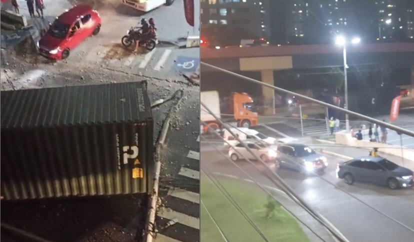 Urgente: container despenca de viaduto e deixa trânsito caótico no Adrianópolis; veja os vídeos