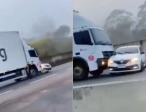 Caminhão arrasta carro de bandido em rodovia para fugir de assalto; veja vídeo