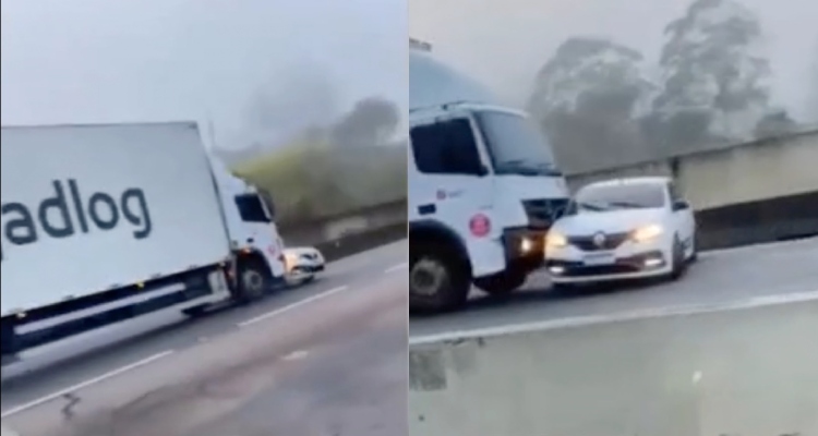 Caminhão arrasta carro de bandido em rodovia para fugir de assalto; veja vídeo