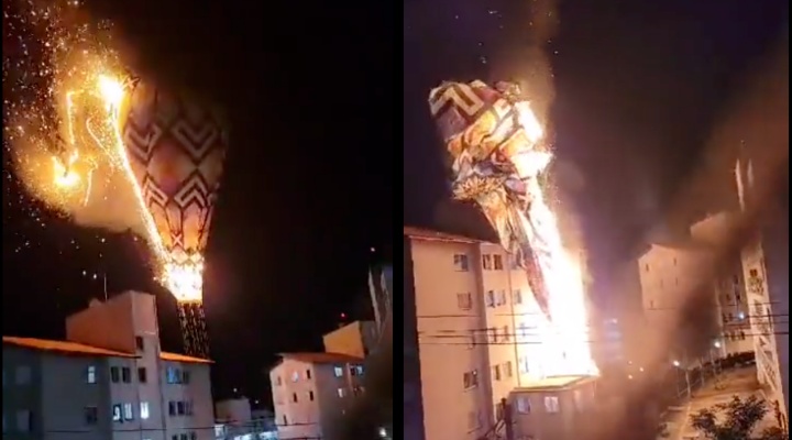 Desesperador: veja momento que balão em chamas cai em cima de prédio