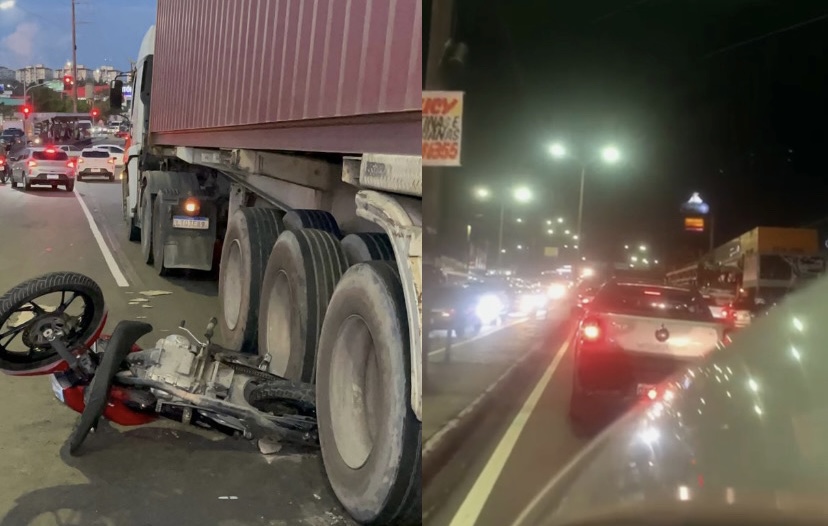 Acidente que deixou motoqueiro preso em carreta deixa o trânsito caótico no Coroado; veja