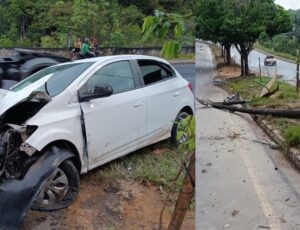 Motorista perde controle do carro em pista molhada e derruba poste na avenida do Turismo; veja vídeo