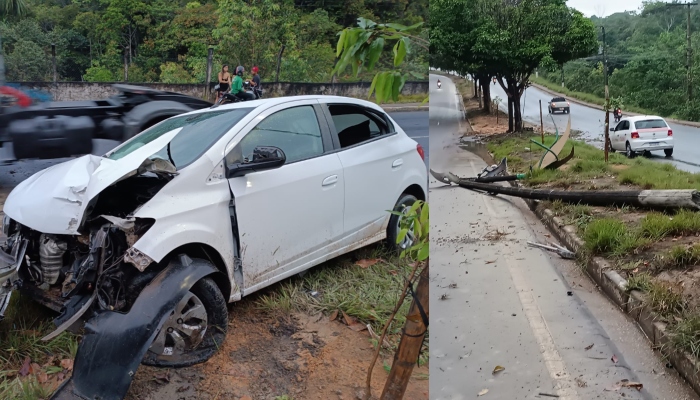 Motorista perde controle de carro em pista molhada e derruba poste na avenida do Turismo; veja vídeo