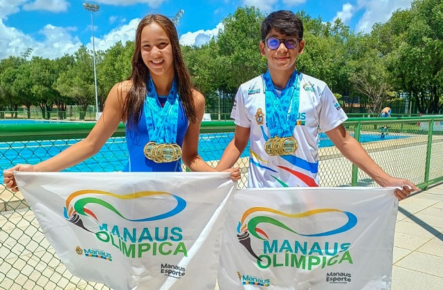 ‘Manaus Olímpica’: dupla conquista 16 medalhas no Meeting Internacional das Fronteiras Norte de natação