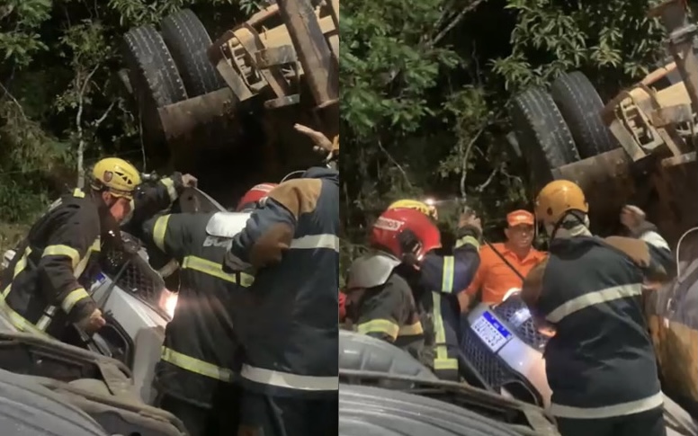 Bombeiros tentam retirar vítimas de dentro de carro esmagado por carreta em Manaus; veja