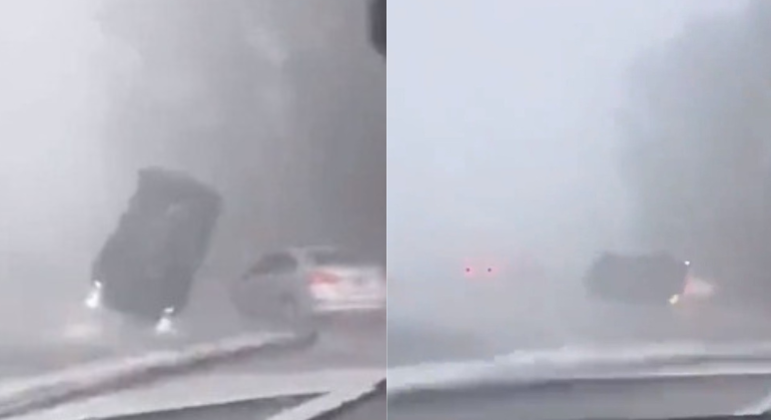 Carro em movimento é arremessado com a força dos ventos; veja vídeo