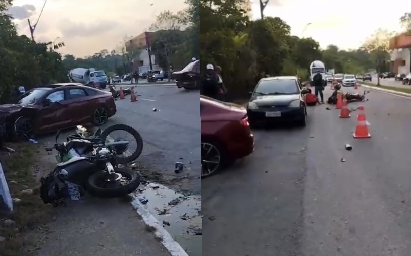 Carro de luxo em alta velocidade invade blitz, atropela 6 pessoas e sai arrastando veículos em Manaus; veja