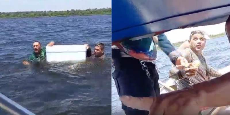Homens são resgatados no AM segurando em caixa de isopor e oferecem cerveja; veja vídeo