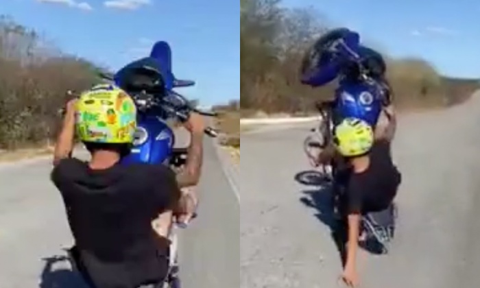 Playboy empolgado leva a pior ao empinar moto em estrada; veja vídeo
